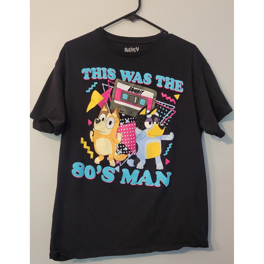 Bluey This Was The 80s Man Graphic T-Shirt Black Adult Large Bandit Chilli Retro